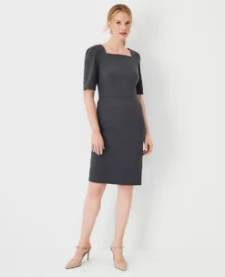 The Petite Elbow Sleeve Square Neck Dress In Seasonless Stretch Modern Charcoal