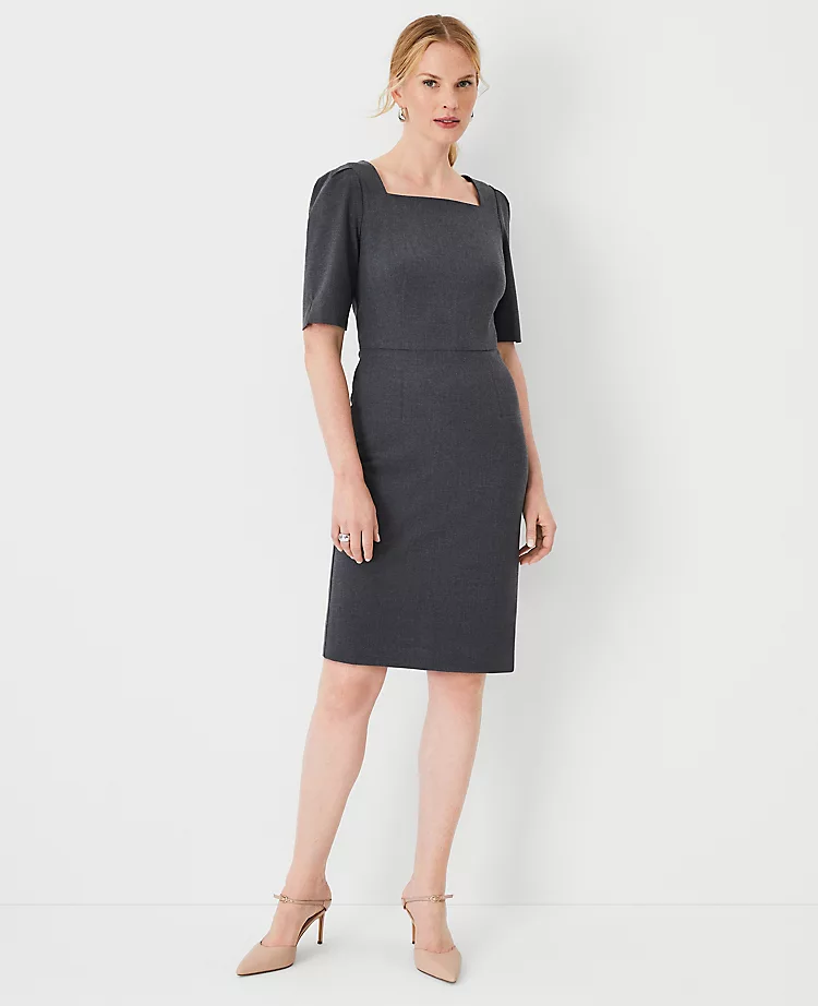 The Petite Elbow Sleeve Square Neck Dress In Seasonless Stretch Modern Charcoal 3 The Petite Elbow Sleeve Square Neck Dress In Seasonless Stretch Modern Charcoal