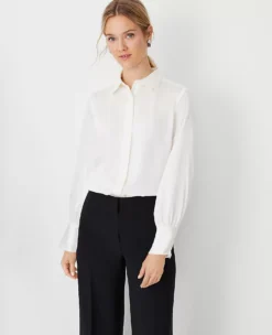 Petite Collared Shirred Yoke Button Down Shirt Winter White