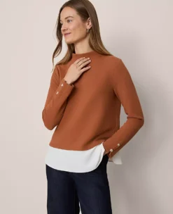 Petite Mixed Media Mock Neck Top Spiced Cider