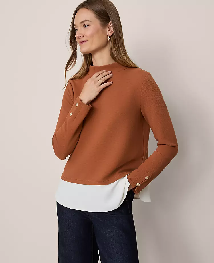 Petite Mixed Media Mock Neck Top Spiced Cider 3 Petite Mixed Media Mock Neck Top Spiced Cider