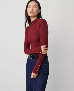 Petite Mock Neck Button Top Deep Auburn