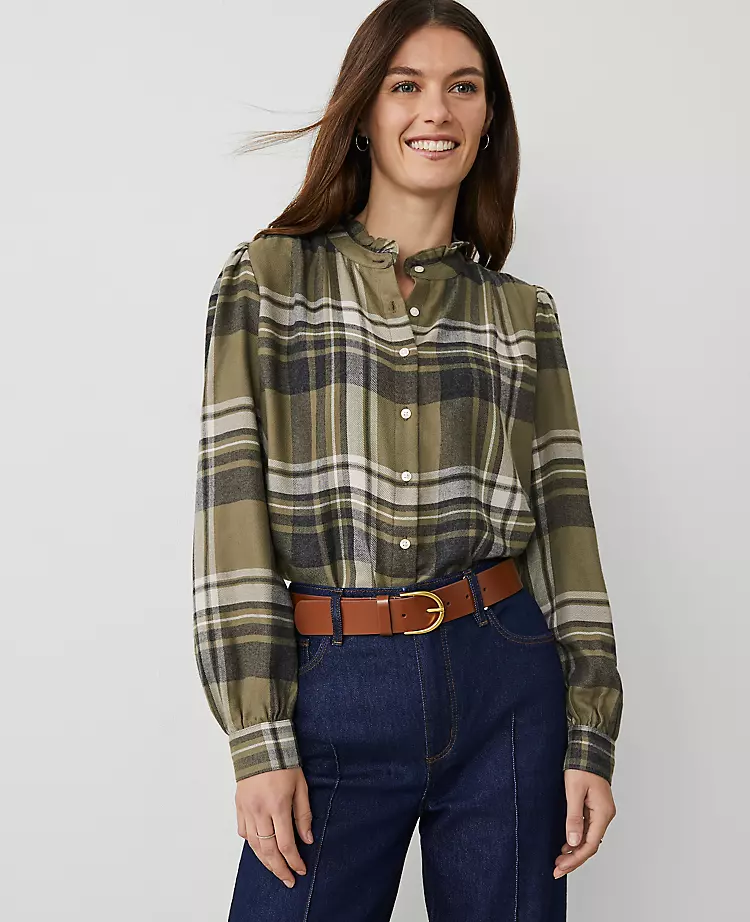 Petite Weekend Collection Plaid Ruffle Neck Flannel Shirt Olive Multi 3 Petite Weekend Collection Plaid Ruffle Neck Flannel Shirt Olive Multi