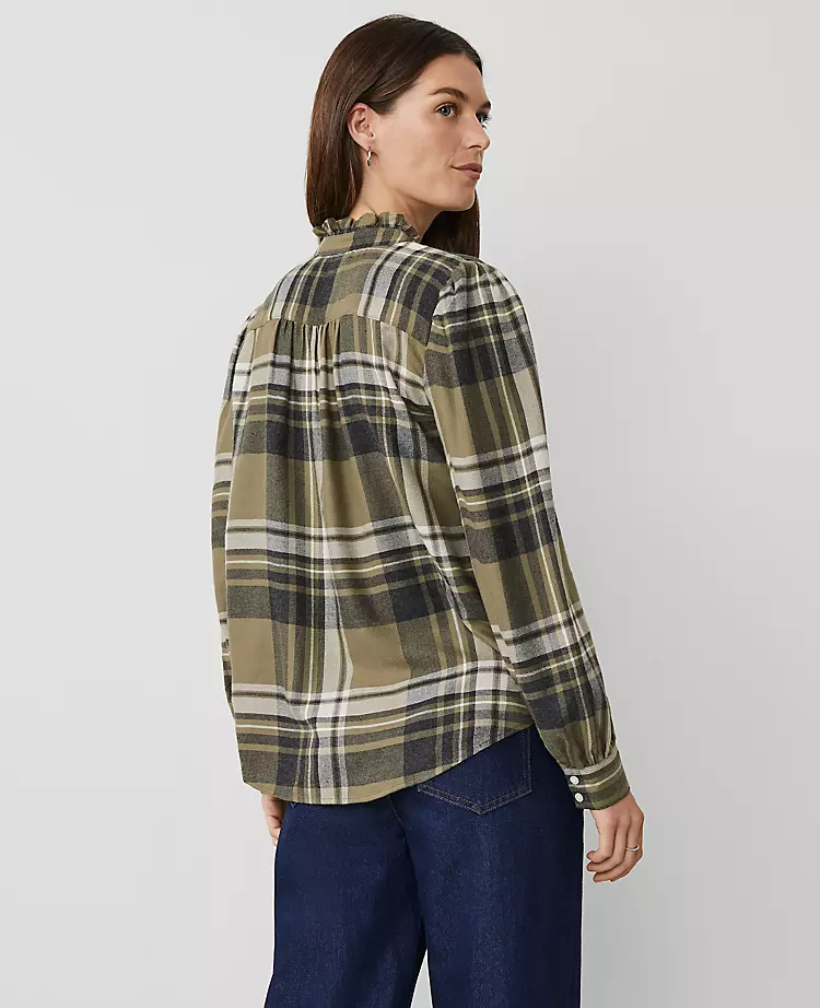 Petite Weekend Collection Plaid Ruffle Neck Flannel Shirt Olive Multi 4 Petite Weekend Collection Plaid Ruffle Neck Flannel Shirt Olive Multi - Image 2