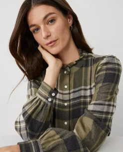 Petite Weekend Collection Plaid Ruffle Neck Flannel Shirt Olive Multi 7 Petite Weekend Collection Plaid Ruffle Neck Flannel Shirt Olive Multi -Anntaylor Shop 826339 019401 ALT2