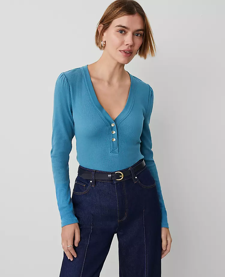 Petite Weekend Collection Puff Sleeve Henley Top Balmy Blue 3 Petite Weekend Collection Puff Sleeve Henley Top Balmy Blue