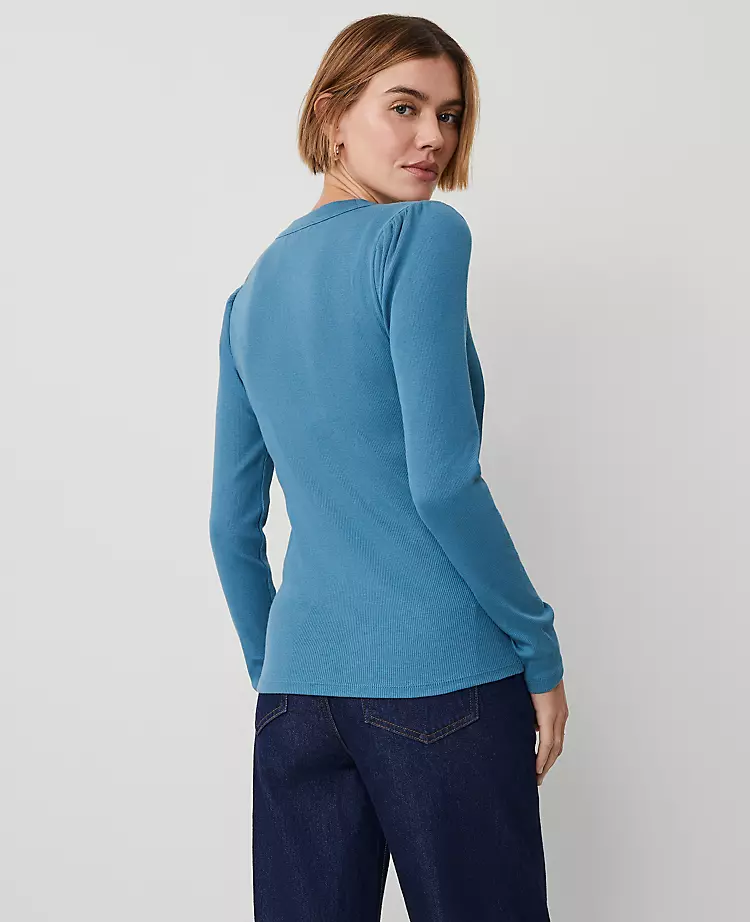 Petite Weekend Collection Puff Sleeve Henley Top Balmy Blue 4 Petite Weekend Collection Puff Sleeve Henley Top Balmy Blue - Image 2