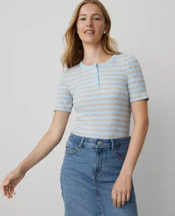 Petite Weekend Collection Striped Ribbed Henley Top Freesia Blue