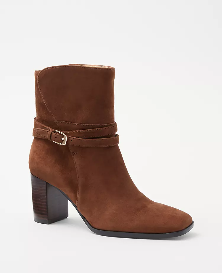 Wraparound Buckle High Block Heel Suede Boots Dark Maple 3 Wraparound Buckle High Block Heel Suede Boots Dark Maple