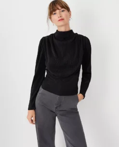 Metallic Draped Cowl Neck Top Black