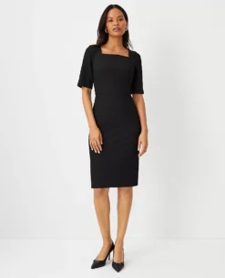 The Petite Elbow Sleeve Square Neck Dress In Seasonless Stretch - Curvy Fit Core Black