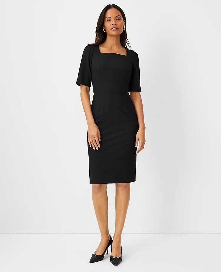The Petite Elbow Sleeve Square Neck Dress In Seasonless Stretch - Curvy Fit Core Black 3 The Petite Elbow Sleeve Square Neck Dress In Seasonless Stretch - Curvy Fit Core Black