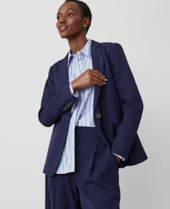 The Long One Button Notched Blazer In Textured Drape Navy