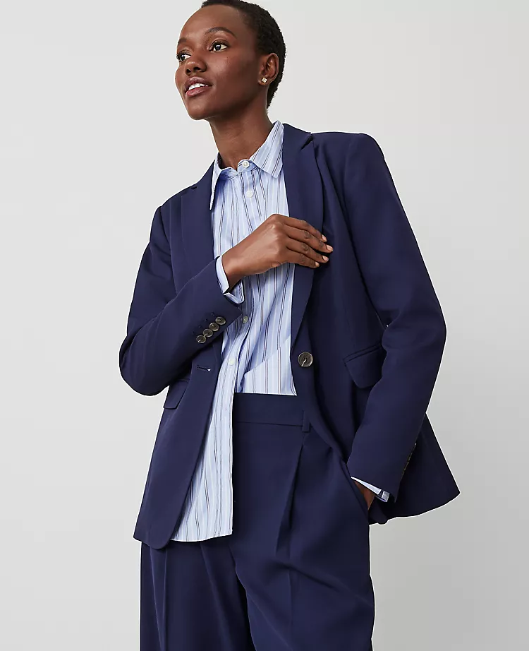 The Long One Button Notched Blazer In Textured Drape Navy 3 The Long One Button Notched Blazer In Textured Drape Navy