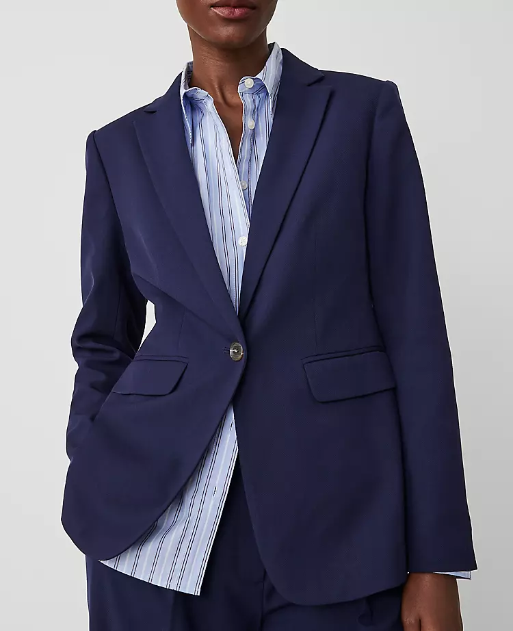 The Long One Button Notched Blazer In Textured Drape Navy 5 The Long One Button Notched Blazer In Textured Drape Navy - Image 3