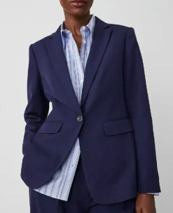 The Petite Long One Button Notched Blazer In Textured Drape Navy -Anntaylor Shop 829523 2797 ALT2