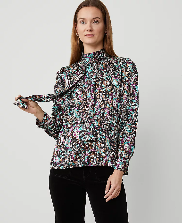 Paisley Mock Tie Neck Puff Sleeve Top Black 3 Paisley Mock Tie Neck Puff Sleeve Top Black
