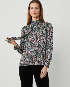 Petite Paisley Mock Tie Neck Puff Sleeve Top Black