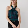 Petite Tartan Rosette Drape-Neck Halter Top Rainforest