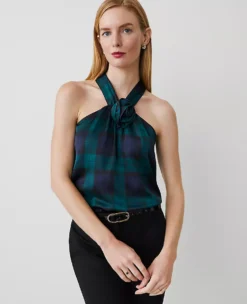 Petite Tartan Rosette Drape-Neck Halter Top Rainforest