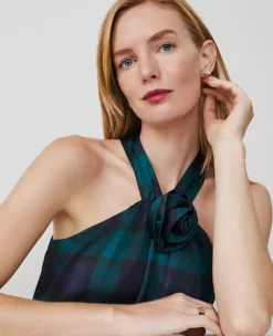 Petite Tartan Rosette Drape-Neck Halter Top Rainforest -Anntaylor Shop 830779 514406 ALT2
