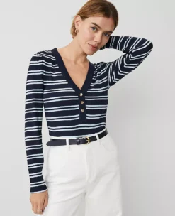 Petite Weekend Collection Striped Puff Sleeve Henley Top Night Sky
