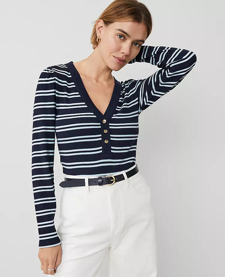 Petite Weekend Collection Striped Puff Sleeve Henley Top Night Sky 3 Petite Weekend Collection Striped Puff Sleeve Henley Top Night Sky