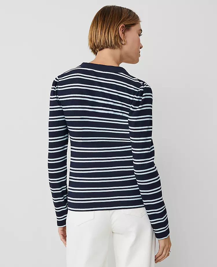 Petite Weekend Collection Striped Puff Sleeve Henley Top Night Sky 4 Petite Weekend Collection Striped Puff Sleeve Henley Top Night Sky - Image 2