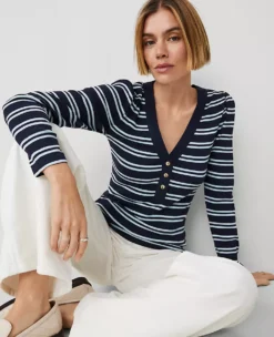 Petite Weekend Collection Striped Puff Sleeve Henley Top Night Sky 7 Petite Weekend Collection Striped Puff Sleeve Henley Top Night Sky -Anntaylor Shop 831050 518787 ALT2