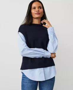 Petite Layered Mixed-Media Sweater Night Sky
