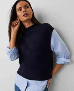 Petite Layered Mixed-Media Sweater Night Sky -Anntaylor Shop 831150 1362 ALT2
