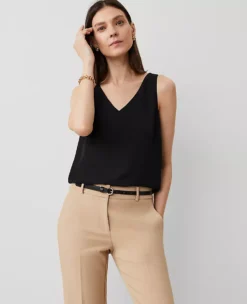 Petite Mixed Media V-Neck Shell Black