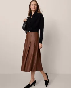 Faux Leather Pleated Midi Skirt Midnight Mahogany