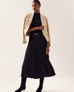 Petite Belted Pleated Midi Skirt Black