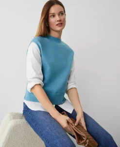 Petite Mixed Media Sweater Pristine Aqua 7 Petite Mixed Media Sweater Pristine Aqua -Anntaylor Shop 837034 2925 ALT2