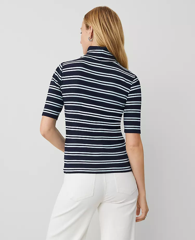 Weekend Collection Stripe Ribbed Turtleneck Elbow Sleeve Top Night Sky 4 Weekend Collection Stripe Ribbed Turtleneck Elbow Sleeve Top Night Sky - Image 2