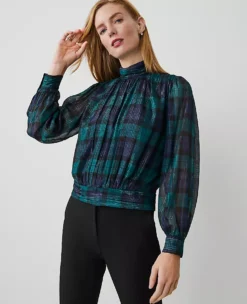Petite Tartan Shirred Mock Neck Popover Rainforest