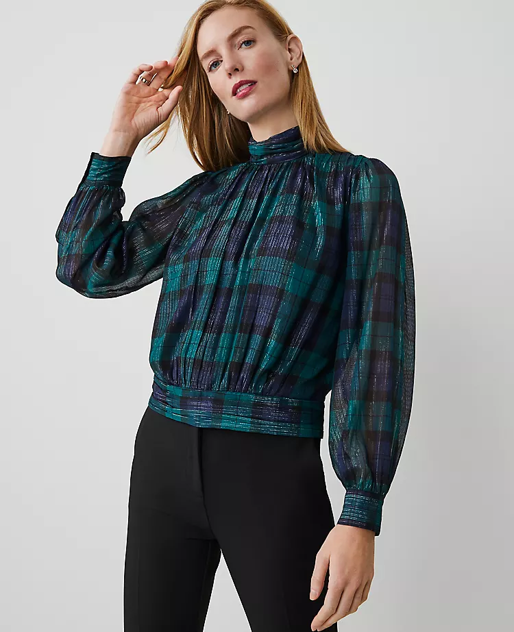 Petite Tartan Shirred Mock Neck Popover Rainforest 3 Petite Tartan Shirred Mock Neck Popover Rainforest