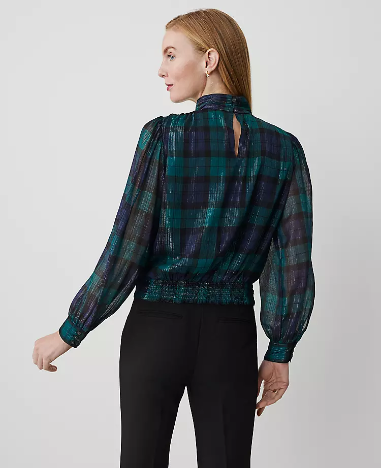 Petite Tartan Shirred Mock Neck Popover Rainforest 4 Petite Tartan Shirred Mock Neck Popover Rainforest - Image 2