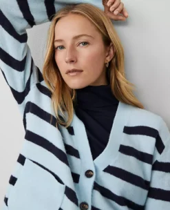 Petite Weekend Collection Striped V-Neck Cardigan Light Blue Multi -Anntaylor Shop 837707 018733 ALT2