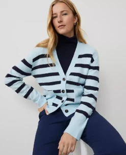 Petite Weekend Collection Striped V-Neck Cardigan Light Blue Multi -Anntaylor Shop 837707 018733 ALT3