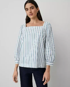 Petite Striped Puff Sleeve Blouse Gulf Blue