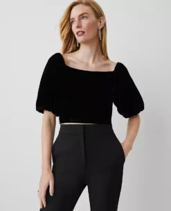 Petite Scoop Neck Puff Sleeve Top Black