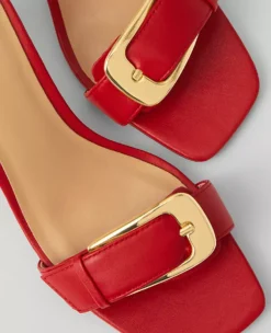 Chunky Buckle Leather Kitten Heel Sandals Bright Cherry -Anntaylor Shop 837797 5899 ALT1