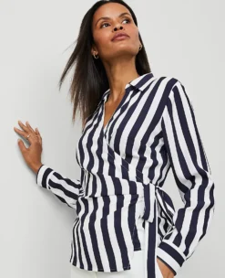 Petite Striped Collared Wrap Blouse Night Sky -Anntaylor Shop 837805 518676 ALT2