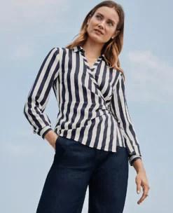 Petite Striped Collared Wrap Blouse Night Sky