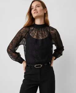 Petite Lace Mock Neck Blouse Black