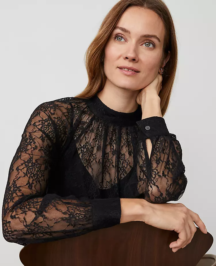 Petite Lace Mock Neck Blouse Black 5 Petite Lace Mock Neck Blouse Black - Image 3