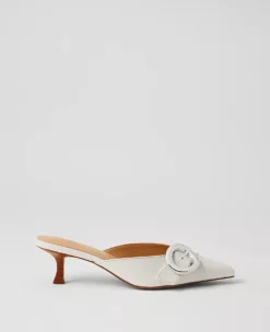 Buckle Nip Toe Embossed Kitten Heels White