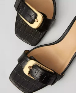 Chunky Buckle Embossed Kitten Heel Sandals Black -Anntaylor Shop 837965 2222 ALT1